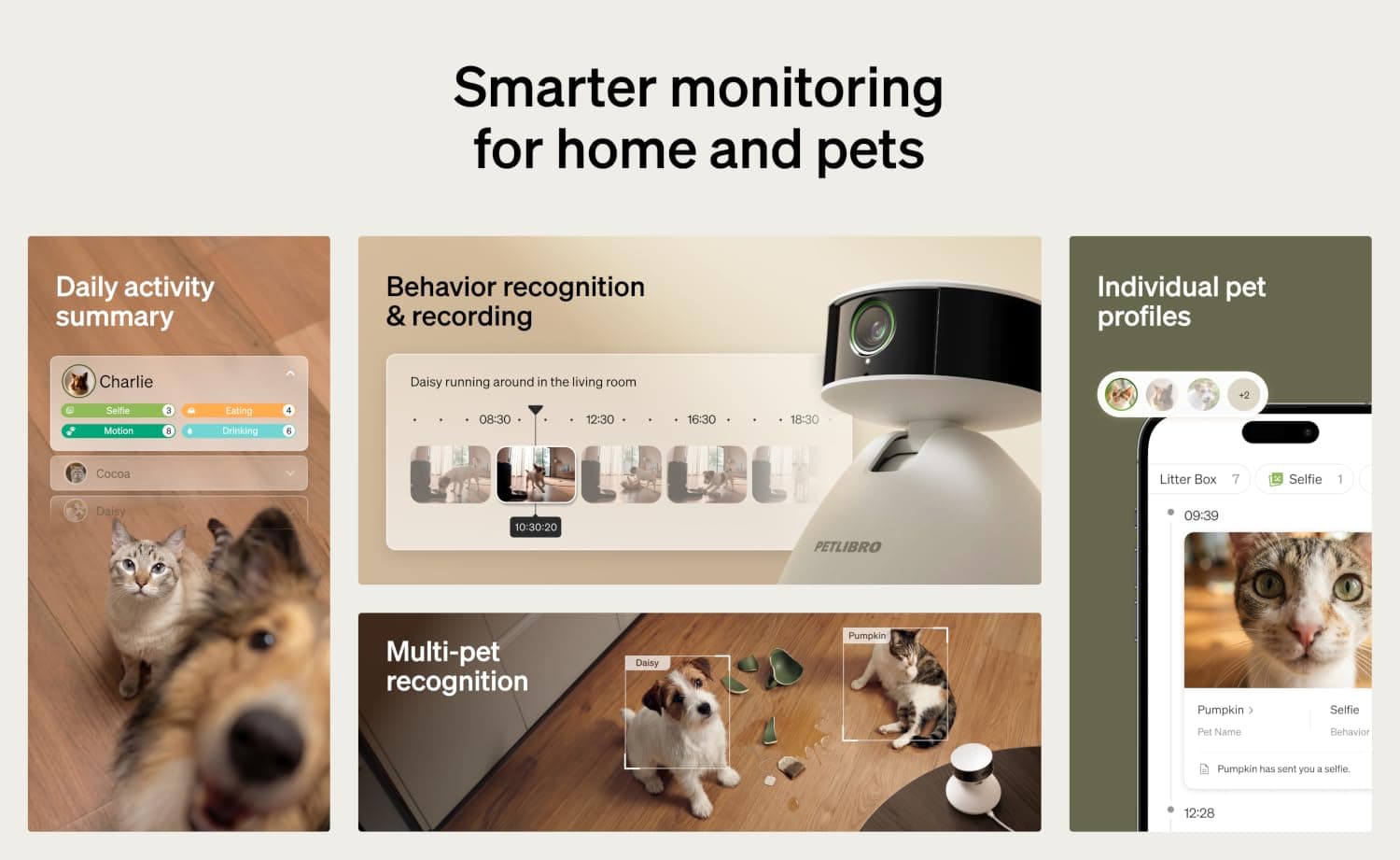 Dog and cat sitting beside a PETLIBRO smart feeder