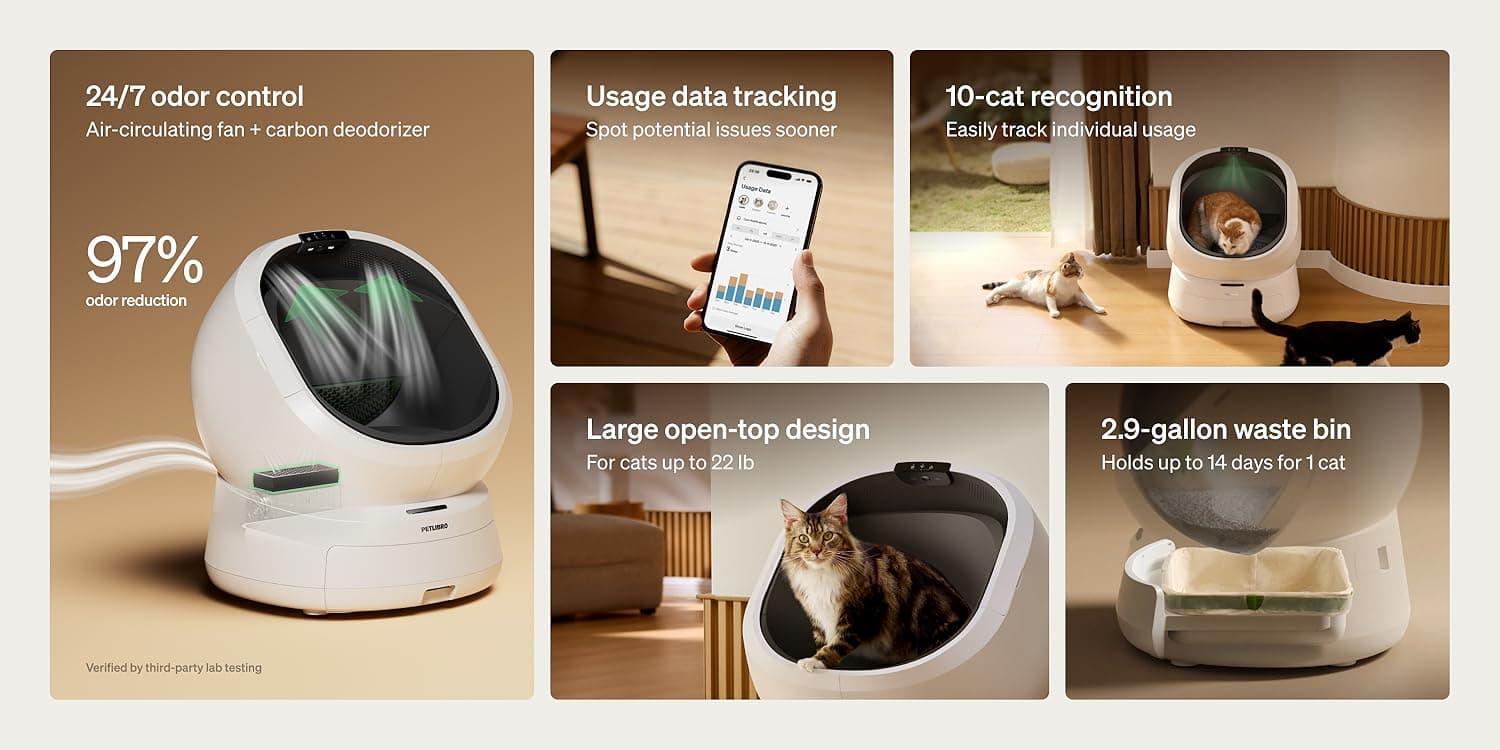 Dog and cat sitting beside a PETLIBRO smart feeder